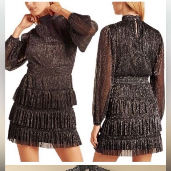 1 State Metallic Smocked Dress Mock Neck Tiered Ruffle Dress | small - Picture 2 of 6